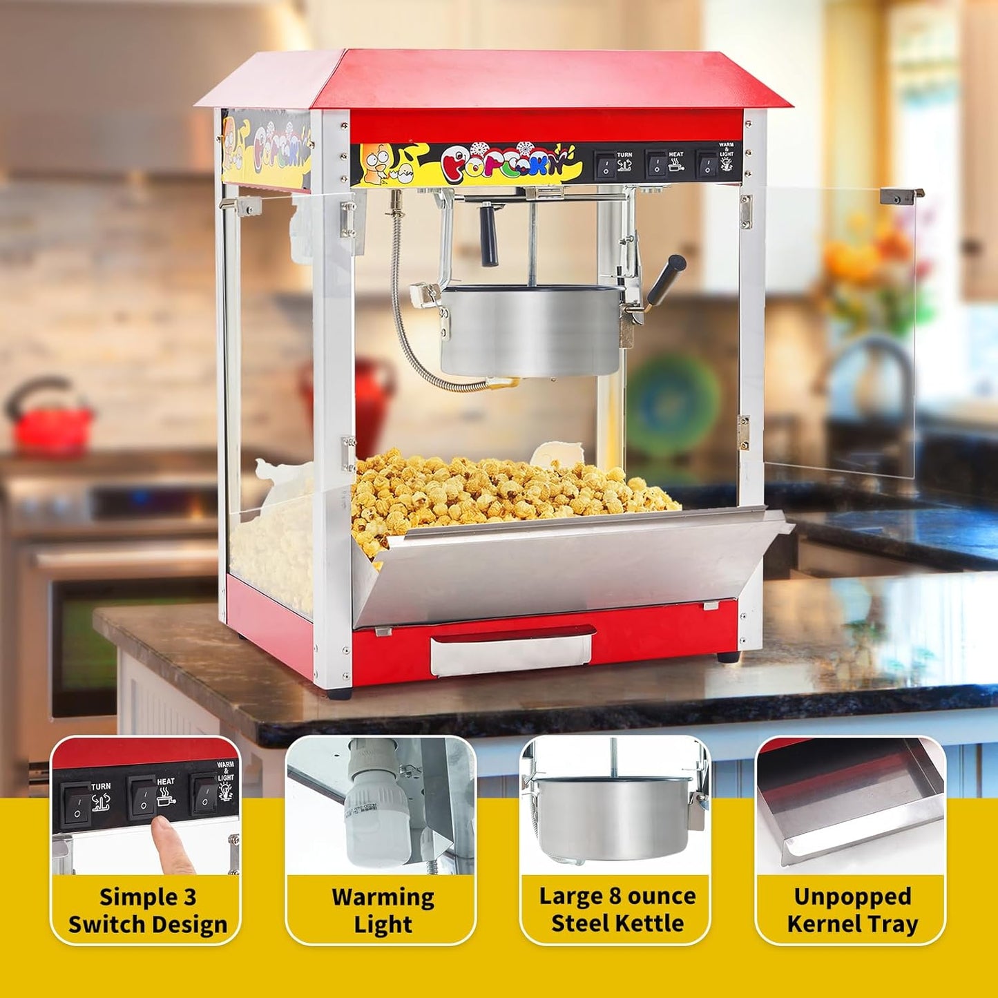 CPVKRY 110V/220V Household Electric Hot Air Popcorn Maker Commercial Countertop Caramel Popcorn Maker