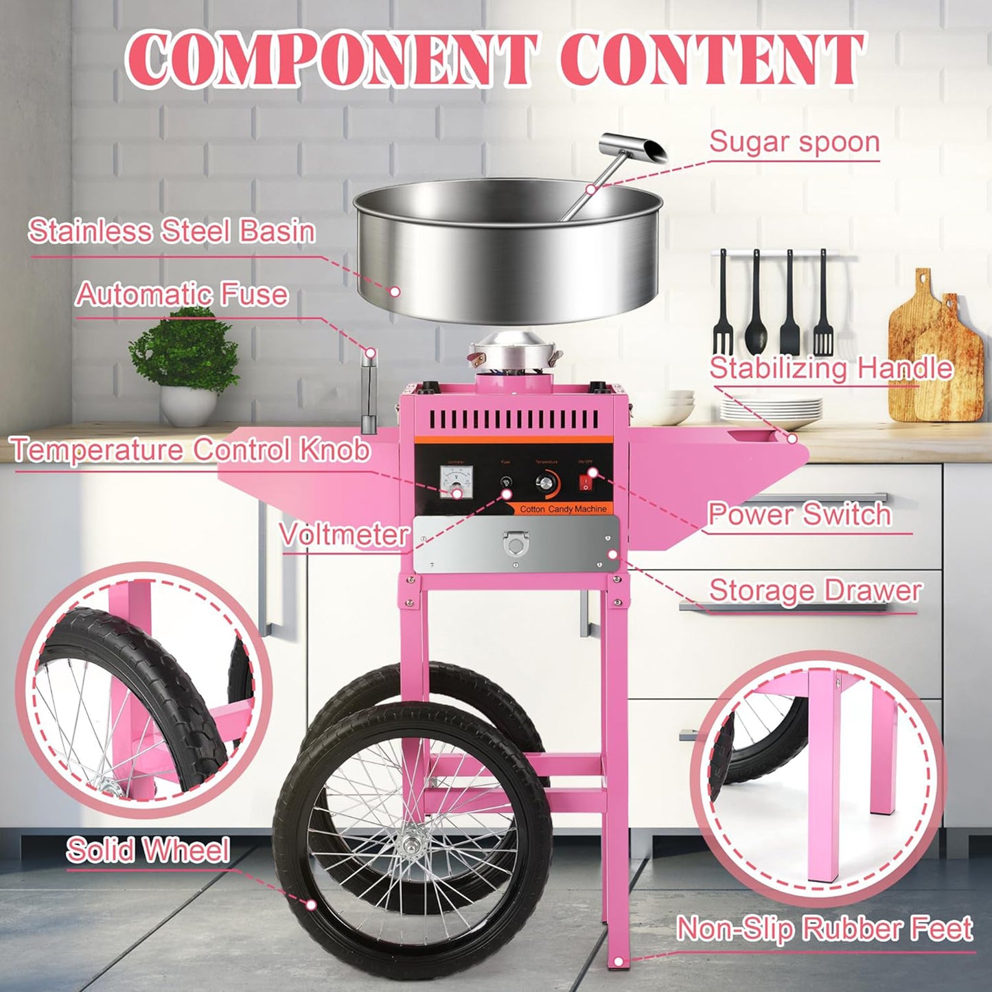 Commercial 1000W Electric Cotton Candy Maker Stainless Steel Bowl Sugar Scoop Storage Drawer for Family Parties Kids Birthday